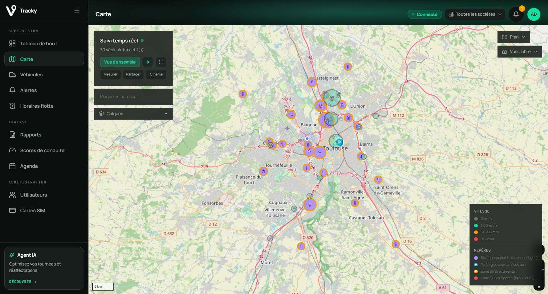 Carte de la flotte Vizyo Tracky en temps réel — agglomération de Toulouse