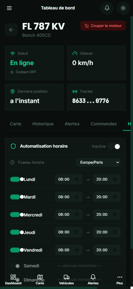 Vizyo Tracky mobile — détail véhicule et automatisation horaire